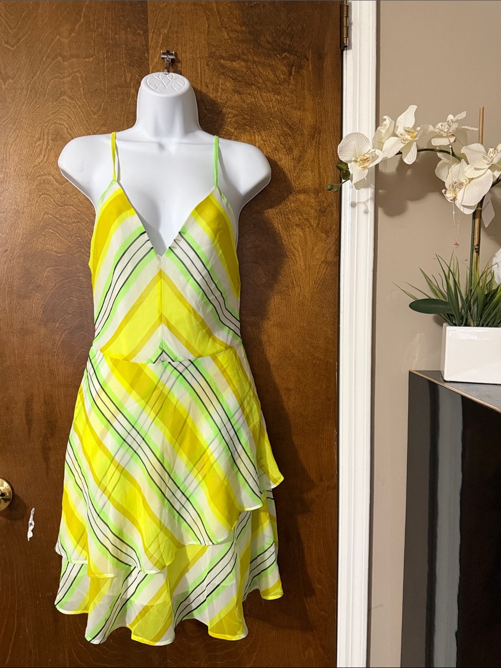Christopher John Rogers Yellow & Lime Striped Silk Slip Dress